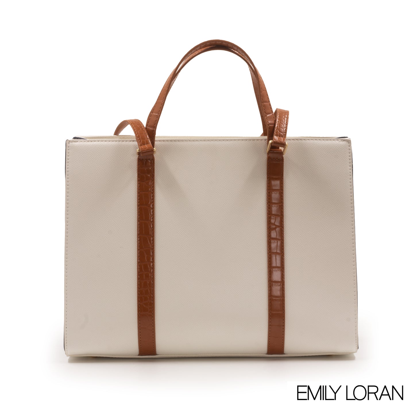 WHITE EMILY LORAN HANDBAG WITH BROWN LEATHER TRIM -LARGE