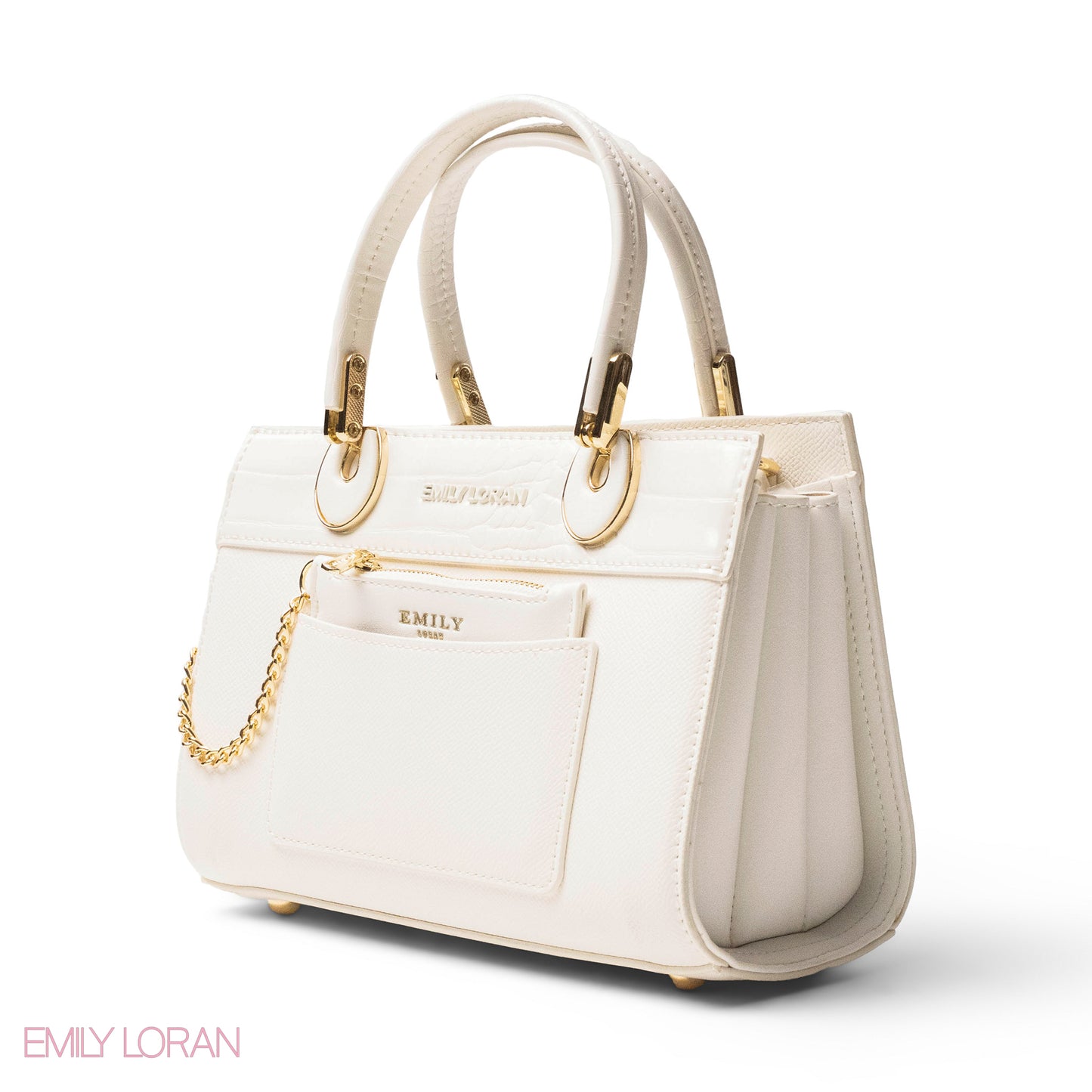 WHITE LEATHER SMOOTH HANDBAG WITH CROC DETAILS-MED