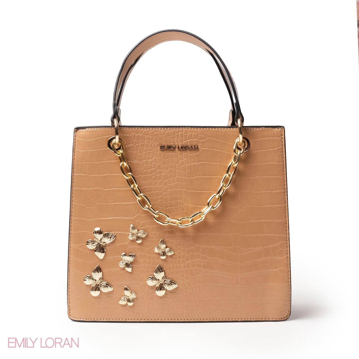 BEIGE LEATHER HANDBAG WITH METAL CHAIN,BUTTERFLIES - MED