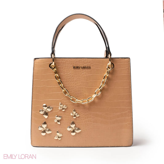 BEIGE LEATHER HANDBAG WITH METAL CHAIN,BUTTERFLIES - MED