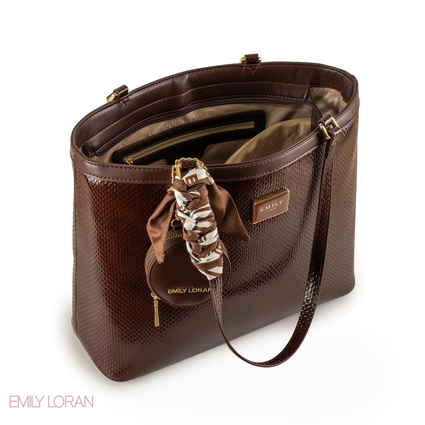 GLOSSY SNAKE LEATHER SHOULDER BAG WITH SCARF - LARGE