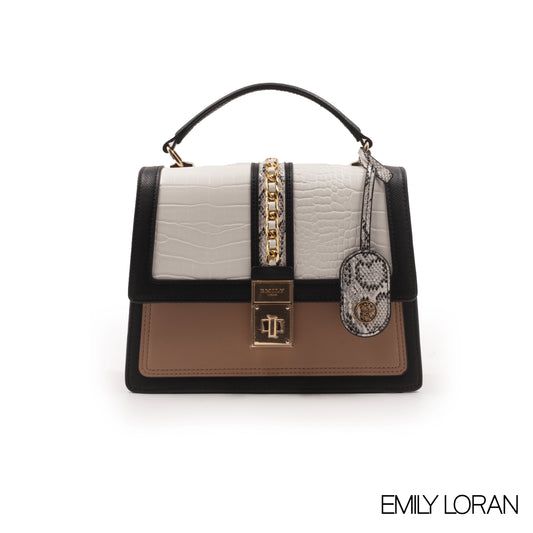 MODREN BEIGE LEATHER EMILY LORAN HANDBAG WITH METAL CHAIN -MED