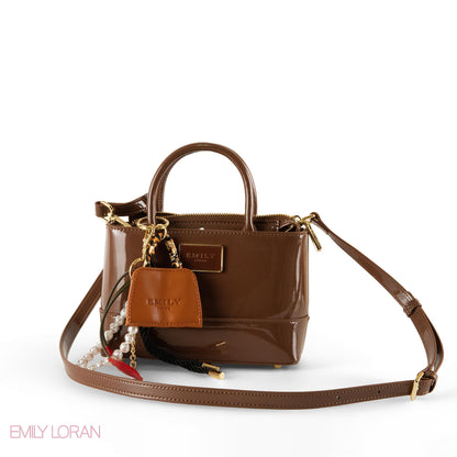 BROWN GLOSSY LEATHER HANDBAG WITH ACCESSORIES- SMALL