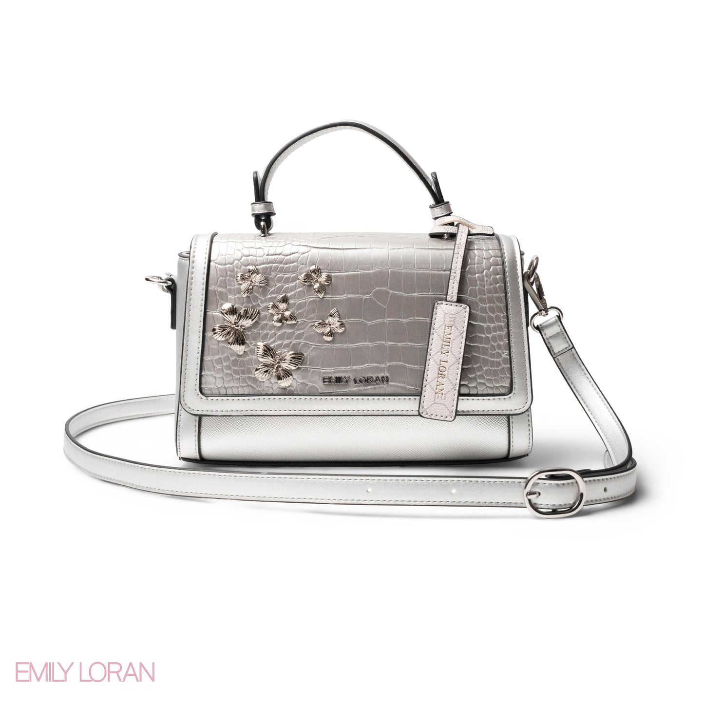 SILVER LEATHER HANDBAG WITH CROC,BUTTERFLIES DETAILS-MED