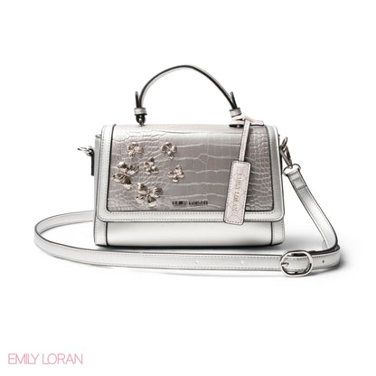 SILVER LEATHER HANDBAG WITH CROC,BUTTERFLIES DETAILS-MED