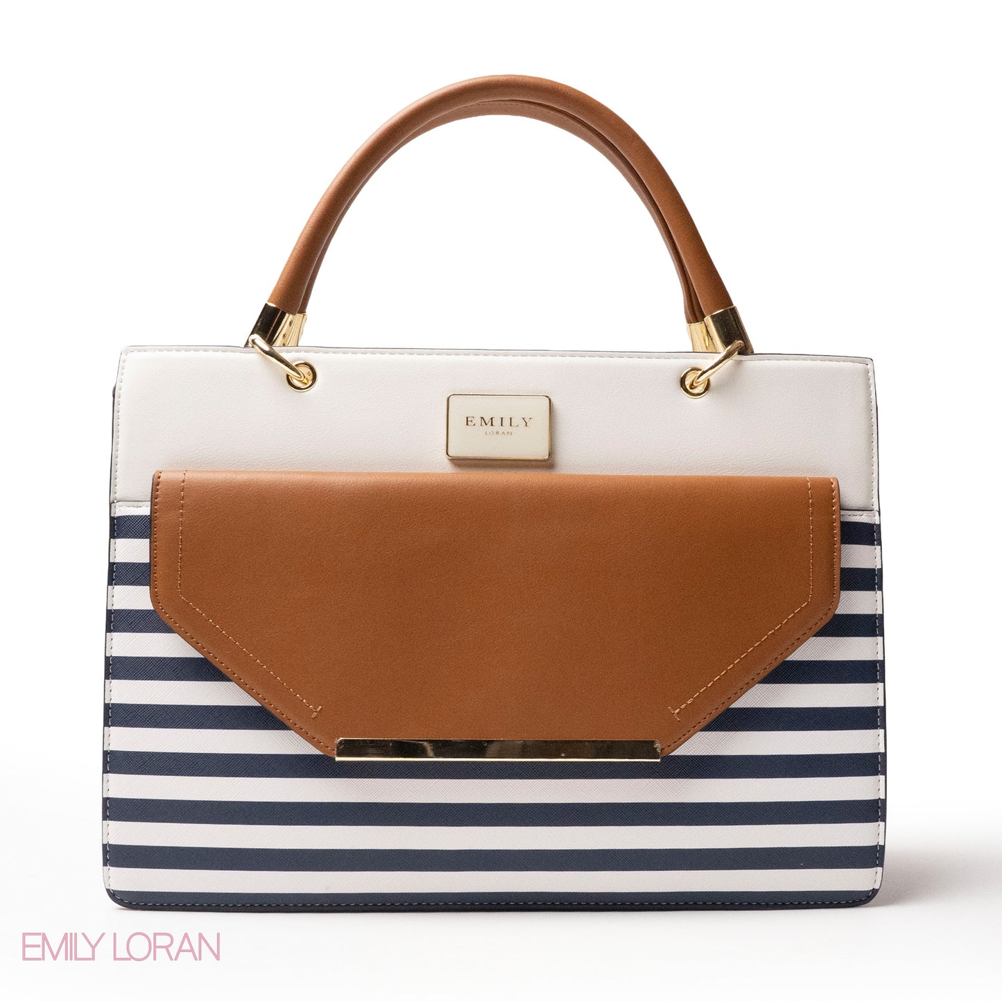 STRIPED NAVY LEATHER HANDBAG WITH FLAP - LARGE