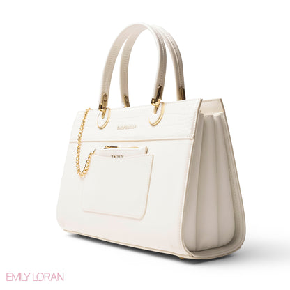 WHITE LEATHER SMOOTH HANDBAG WITH CROC DETAILS-LARGE