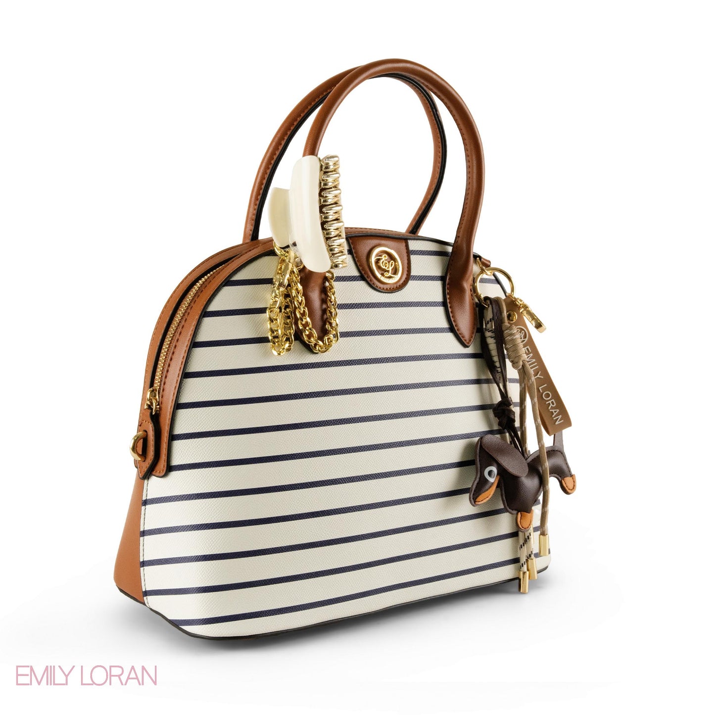 STRIPPED NAVY LEATHER HANDBAG WITH ACCESSORIES-LARGE