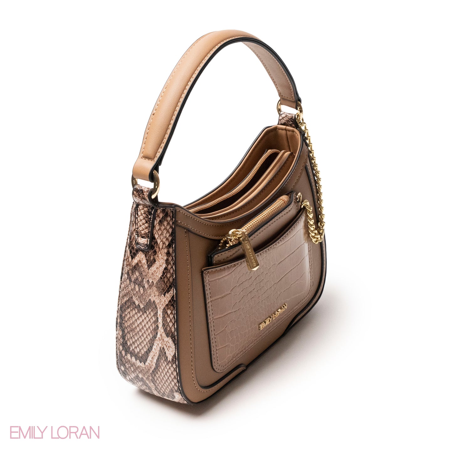 MOCHA LEATHER HANDBAG WITH METAL CHAIN -SMALL