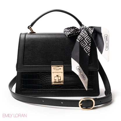 BLACK LEATHER HANDBAG WITH EMILY LORAN SCARF - MED