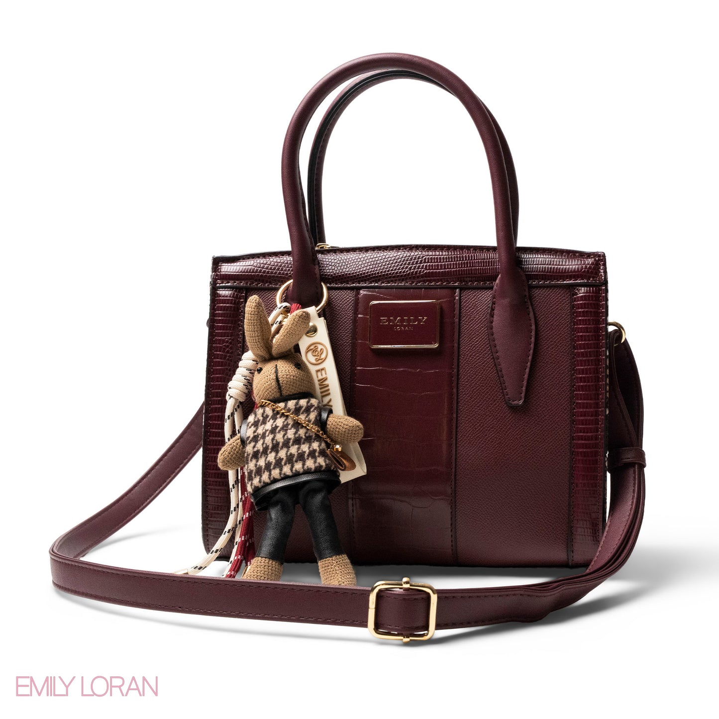 MAROON SMOOTH LEATHER HANDBAG WITH ACCESSORIES -MED