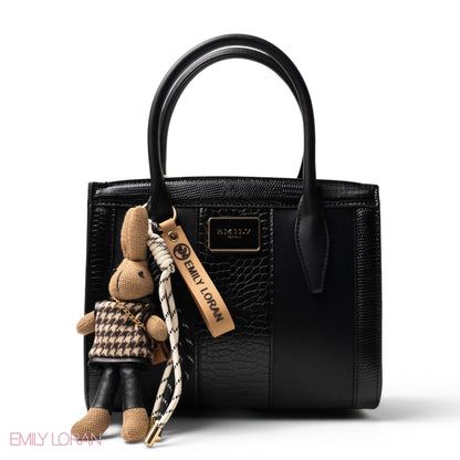 BLACK SMOOTH LEATHER HANDBAG WITH ACCESSORIES -MED