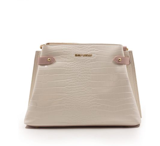 WHITE LEATHER HANDBAG WITH CROC DETAILS TOUCH -MED