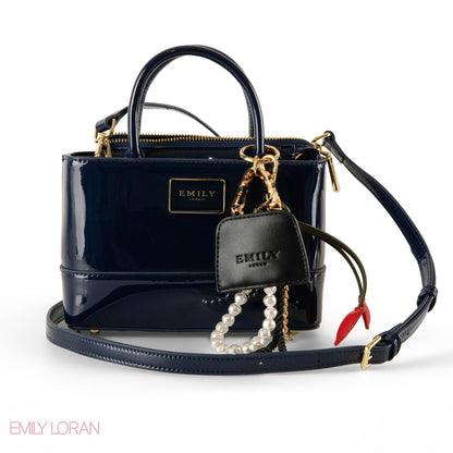 DARK BLUE GLOSSY LEATHER HANDBAG WITH ACCESSORIES- SMALL
