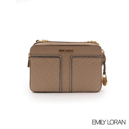 BEIGE LEATHER EMBOSSED CROSSBODY BAG -SMALL