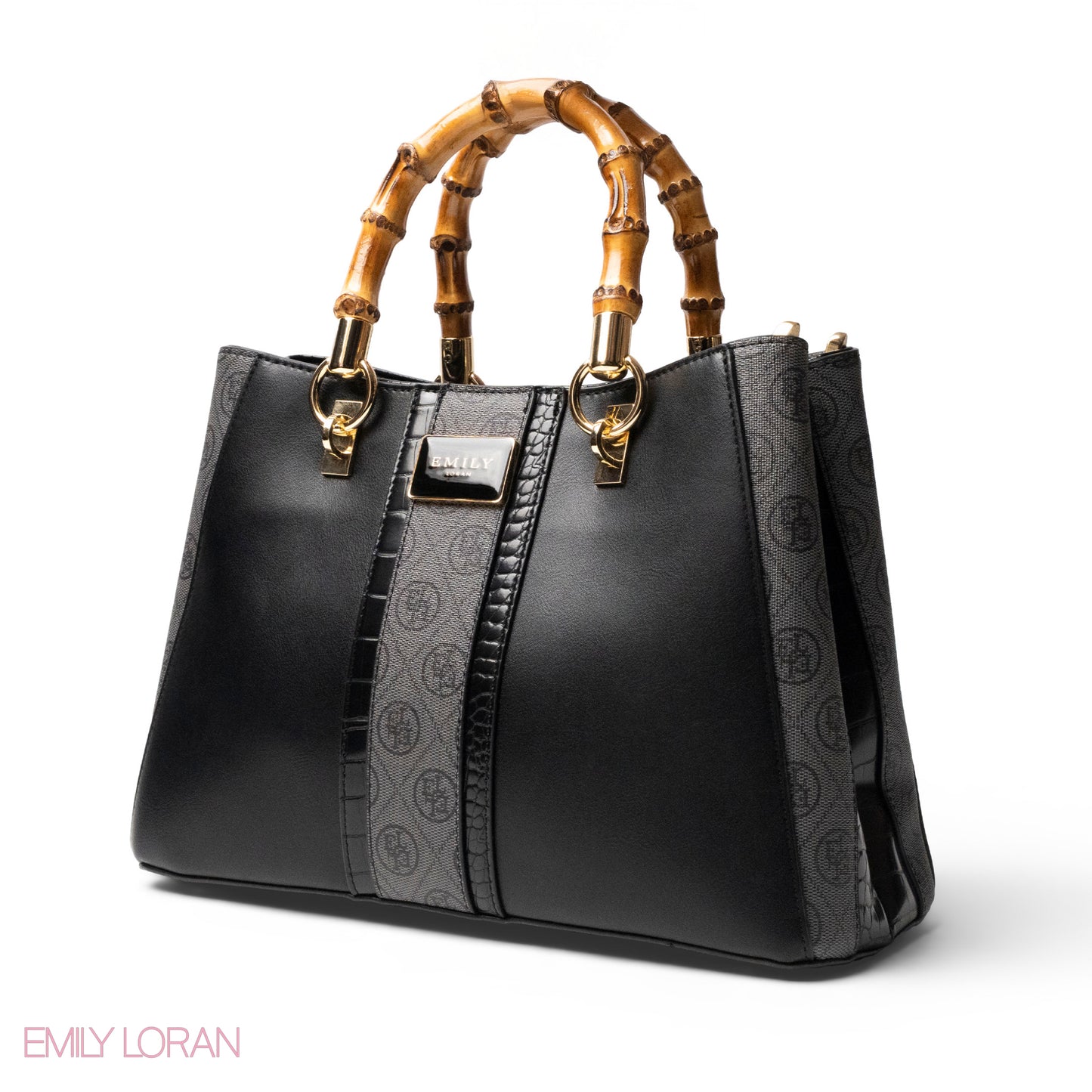 EMILY LORAN LEATHER,CANVAS HANDBAG WITH BAMBOO-HANDLED -MED