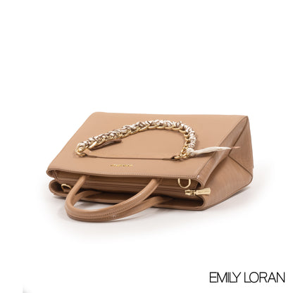 BEIGE LEATHER HANDBAG WITH CHAIN DETAIL-MED