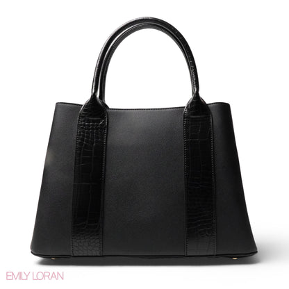 BLACK SMOOTH LEATHER HANDBAG WITH CROC DESIGN -LARGE