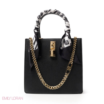 BLACK LEATHER HANDBAG WITH SILKY SCARF, METAL CHAIN - MED