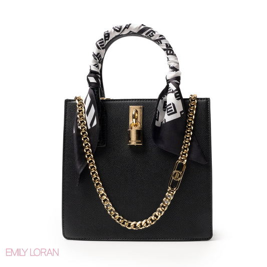 BLACK LEATHER HANDBAG WITH SILKY SCARF, METAL CHAIN - MED