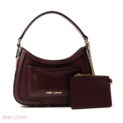 MAROON LEATHER HANDBAG WITH METAL CHAIN -SMALL