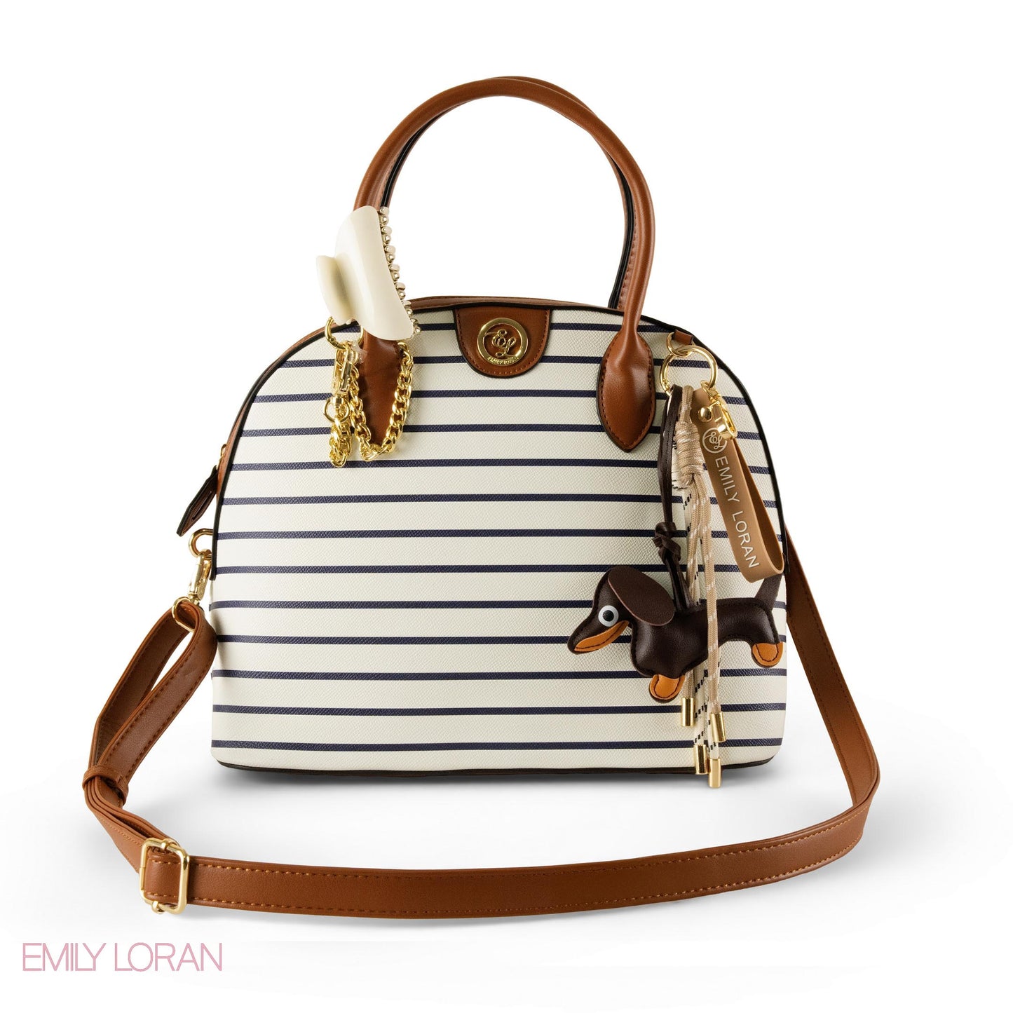 STRIPPED NAVY LEATHER HANDBAG WITH ACCESSORIES-LARGE