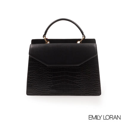 BLACK CROC LEATHER HANDBAG WITH FLAP -MED