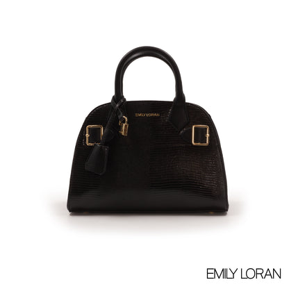 BLACK SNAKE LEATHER HANDBAG WITH GOLD LOCK DETAIL-MED
