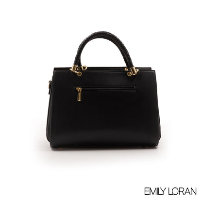 BLACK LEATHER HANDBAG WITH CROC ACCENT -LARGE