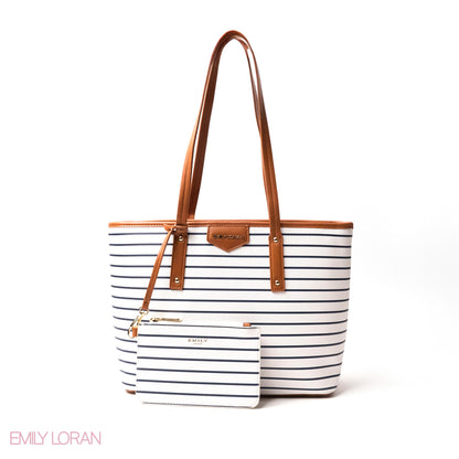 STRIPED NAVY-PRINT LEATHER SHOULDERS BAG WITH A SMALL BAG - LARGE