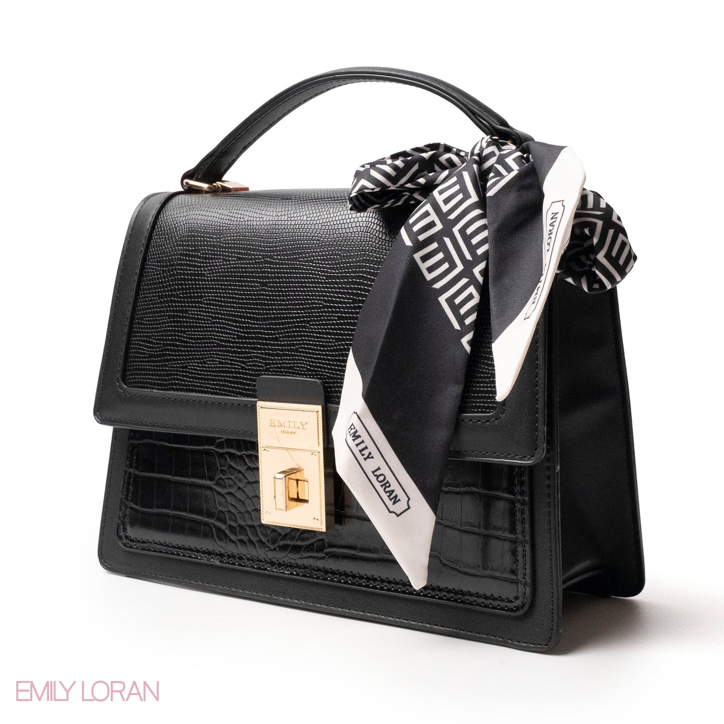 BLACK LEATHER HANDBAG WITH EMILY LORAN SCARF - MED