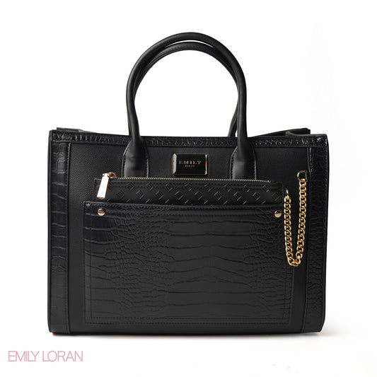 BLACK HANDBAG WITH CROCODILE PRINT - LARGE
