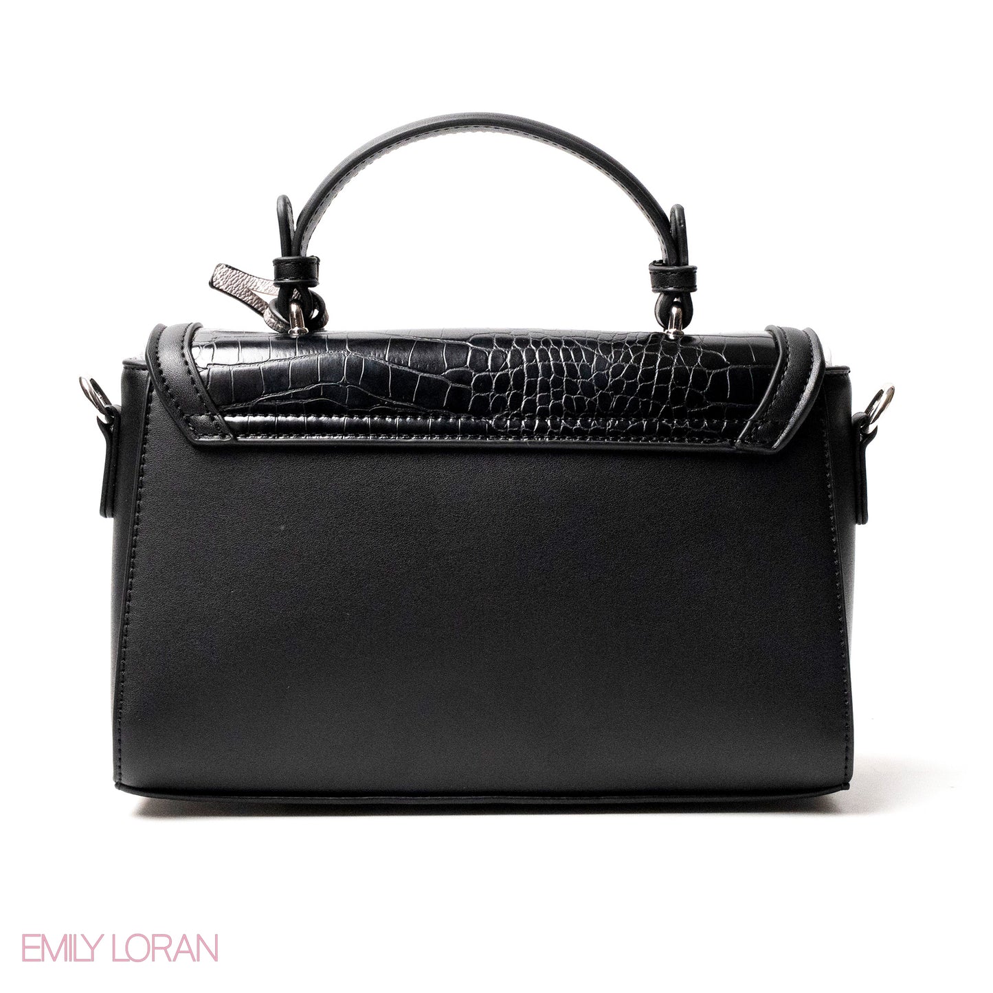 BLACK LEATHER HANDBAG WITH CROC,BUTTERFLIES DETAILS-MED