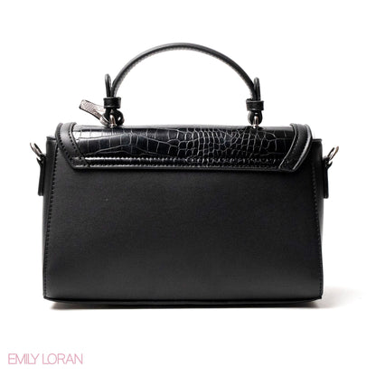 BLACK LEATHER HANDBAG WITH CROC,BUTTERFLIES DETAILS-MED