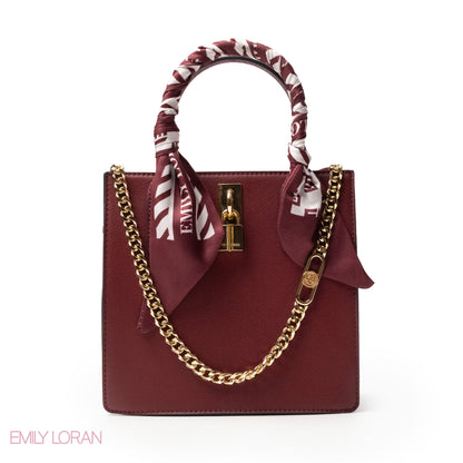 MAROON LEATHER HANDBAG WITH SILKY SCARF, METAL CHAIN - MED