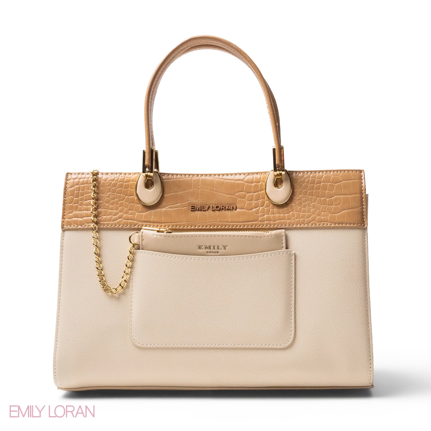 BEIGE LEATHER SMOOTH HANDBAG WITH CROC DETAILS-LARGE