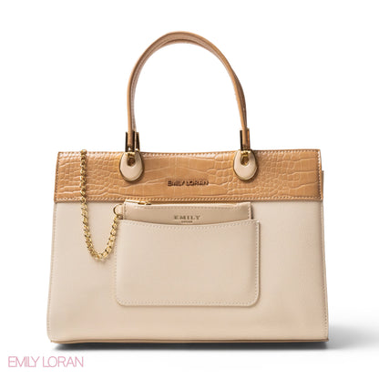 BEIGE LEATHER SMOOTH HANDBAG WITH CROC DETAILS-LARGE