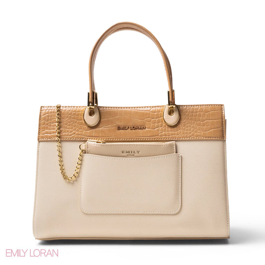 BEIGE LEATHER SMOOTH HANDBAG WITH CROC DETAILS-LARGE