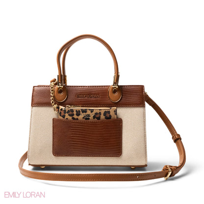 BROWN LEATHER SMOOTH HANDBAG WITH CROC DETAILS-MED