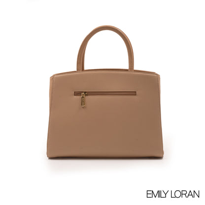BEIGE LEATHER HANDBAG WITH CHAIN DETAIL-MED