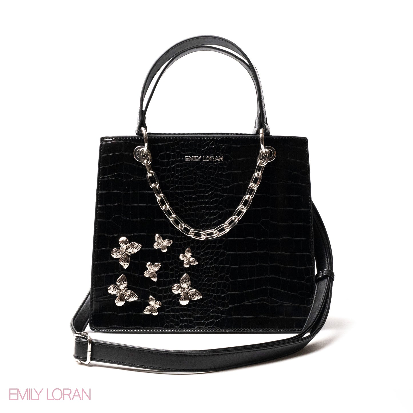 BLACK LEATHER HANDBAG WITH METAL CHAIN,BUTTERFLIES - MED