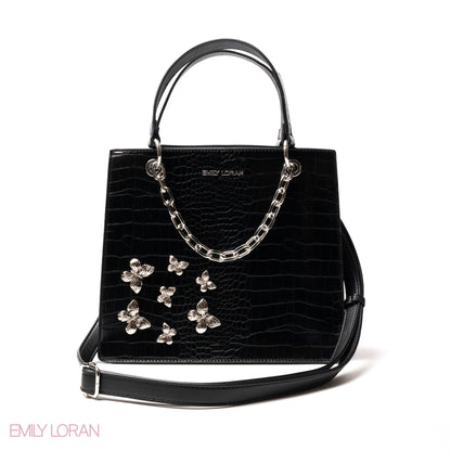 BLACK LEATHER HANDBAG WITH METAL CHAIN,BUTTERFLIES - MED