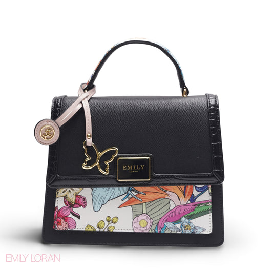 EMILY SOLID BLACK TROPICAL SATCHEL BAG WITH BUTTERFLY CHARM - MED