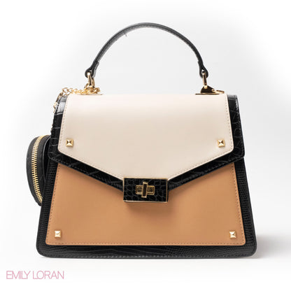 MIXED-COLOR LEATHER HANDBAG WITH FLAP - MED