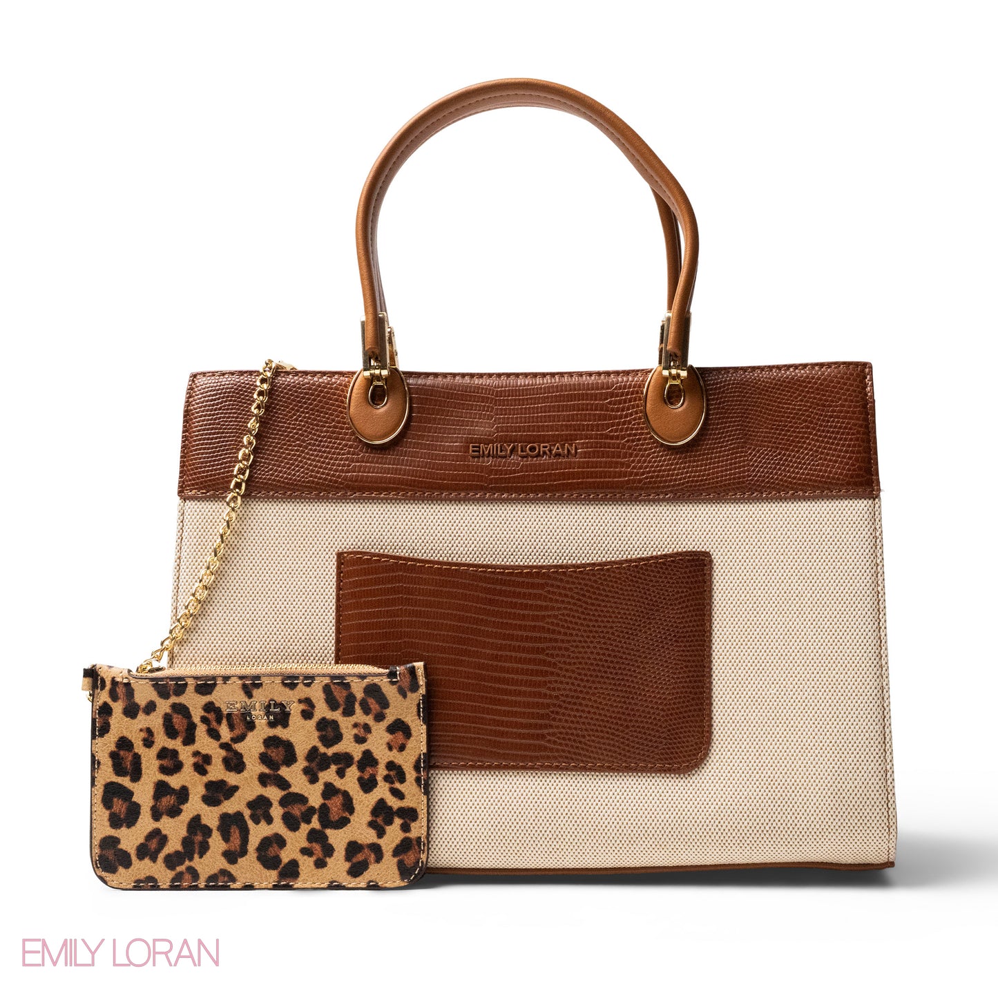 BROWN LEATHER SMOOTH HANDBAG WITH CROC DETAILS-LARGE