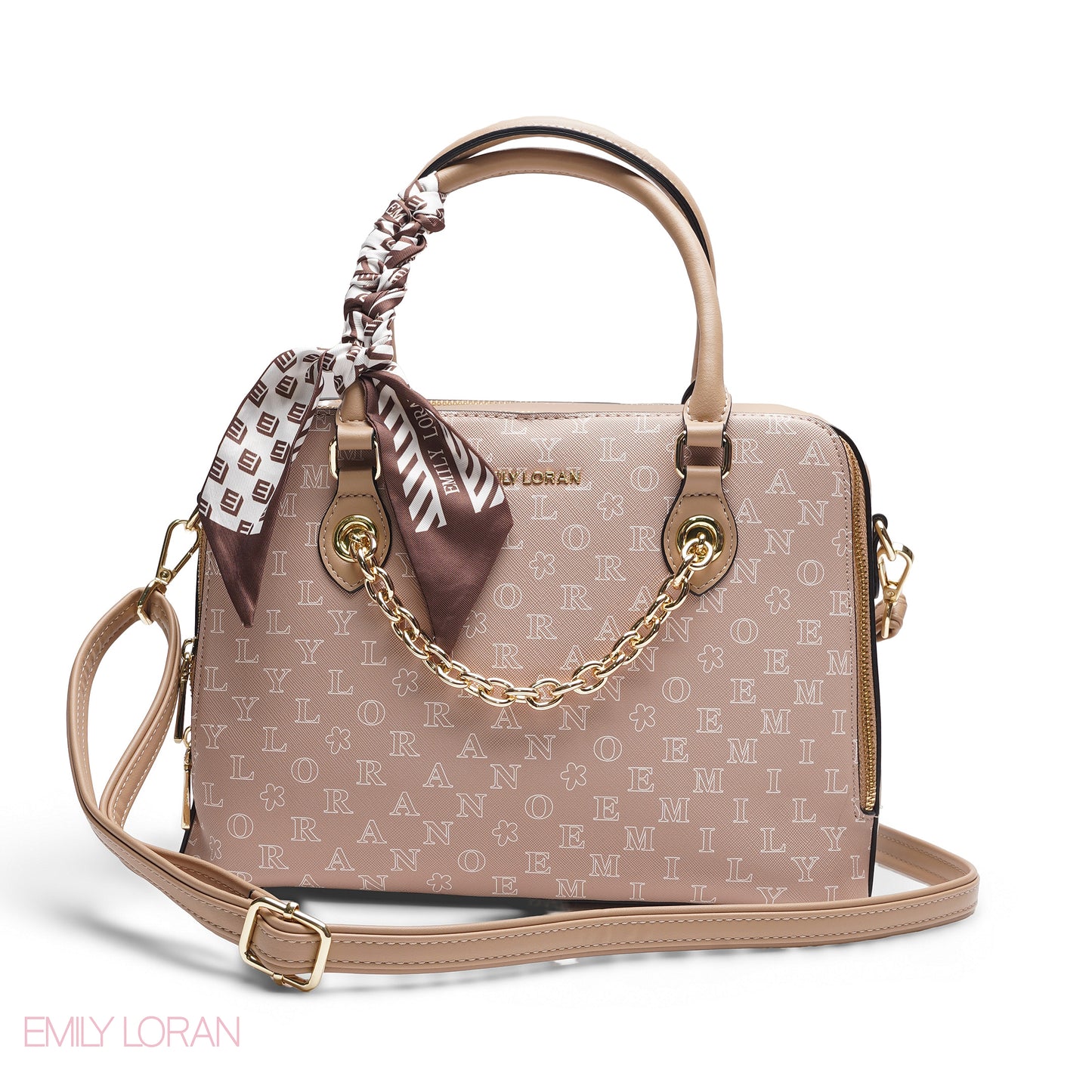 BEIGE EMILY LETTER PRINT SATCHEL BAG WITH SCARF ACCENT - MED