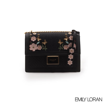 LEATHER CROSSBODY BAG WITH FLORAL , BUTTERFLY EMBROIDERY -MED