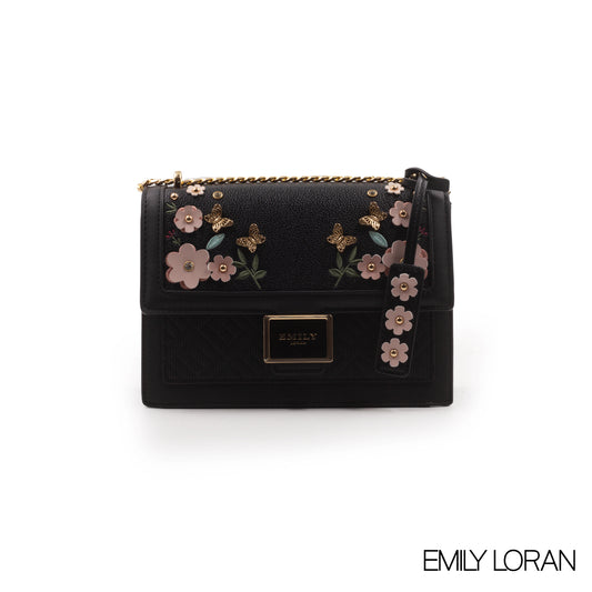 LEATHER CROSSBODY BAG WITH FLORAL , BUTTERFLY EMBROIDERY -MED