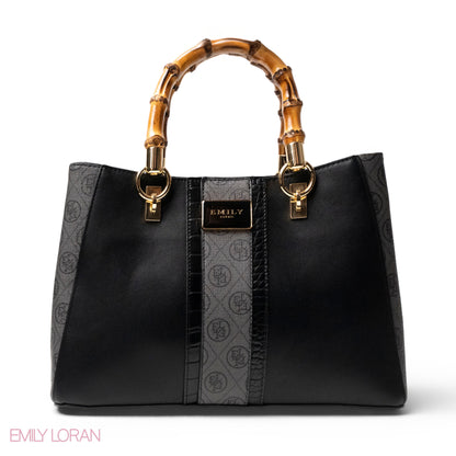 EMILY LORAN LEATHER,CANVAS HANDBAG WITH BAMBOO-HANDLED -MED