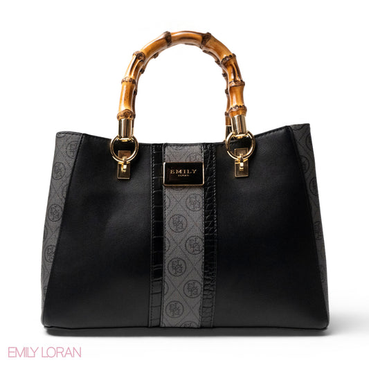 EMILY LORAN LEATHER,CANVAS HANDBAG WITH BAMBOO-HANDLED -MED